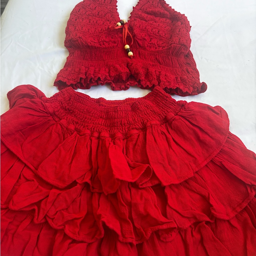 Red Cropped Top and Skirt Set